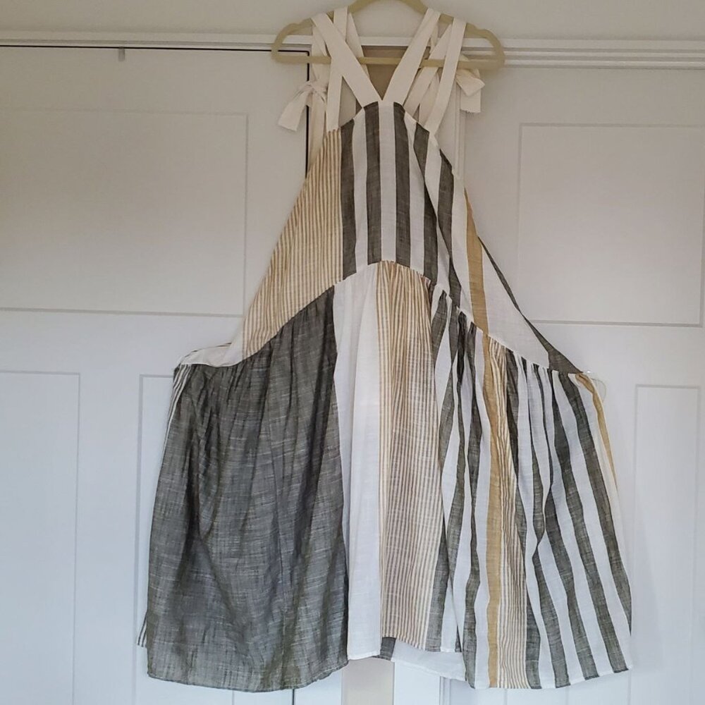Free People Striped Tiered Midi Dress in Cream, Olive, and Tan